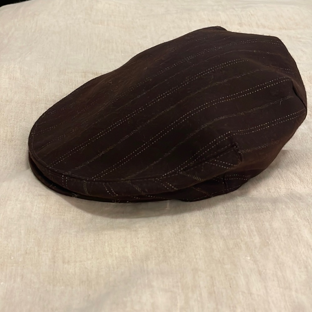 Polo Ralph Lauren, Driver’s Cap, Wool Cashmere, Brown Pinstripe. Size Large